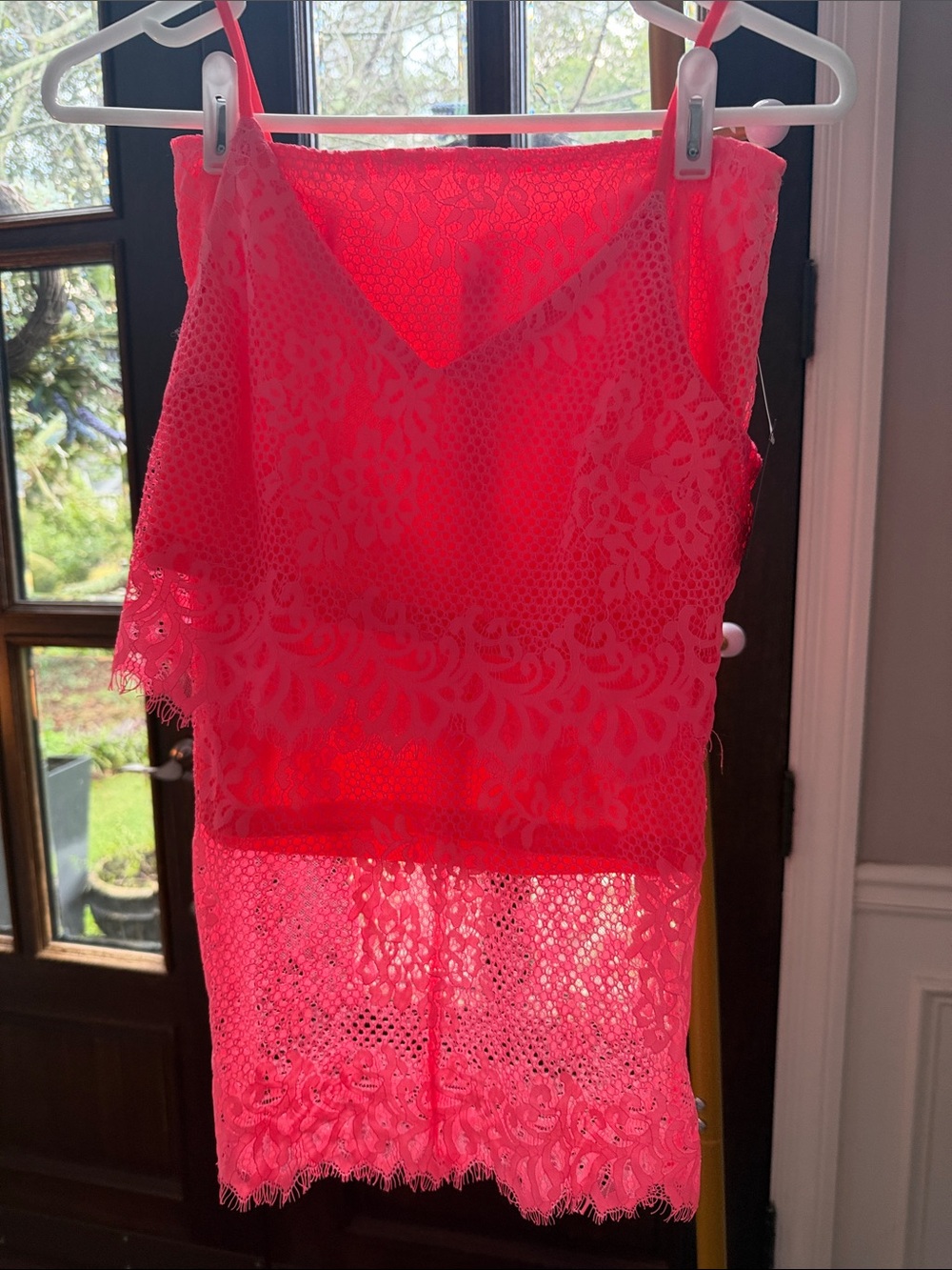 Neon Pink Lace Layered Mini Dress